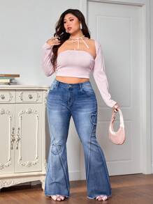 SHEIN MOD Plus Size Slim Fit Stretchy Flare Leg Jeans, Blue - Medium Wash - View 4