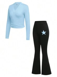 2 stuks/set tienermeisjes schattige Y2K-stijl roze gebreide V-hals ruches cropped top met lange mouwen en elastische uitlopende sterrenprint roze uitlopende broek outfit