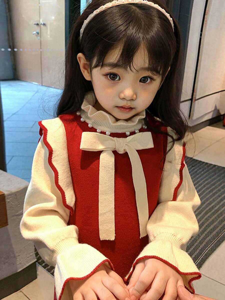 Young Girl Casual Ruffle Patchwork Contrast Color Bow Decor Knit Sweater Dress,In Fall/Winter - Red - View 1