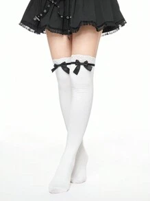 ROMWE Y2K Style Women Over-The-Knee Socks With Bow Decor, Warm - White - View 3
