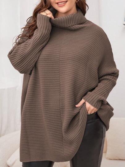 SHEIN LUNE Suéter de cuello alto de unicolor con mangas de murciélago para talla grande, jersey de punto de otoño/invierno