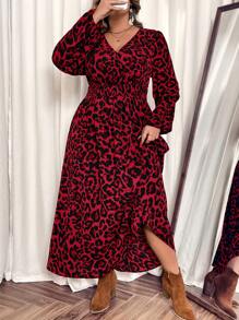 SHEIN VCAY Plus Size Lantern Sleeve V-Neck Leopard Print Dress, Vacation Style