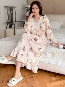 DAZY Camisón holgado con estampado de oso dulce y volantes de contraste, para otoño e invierno