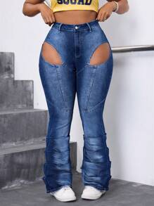 Slaydiva Plus Size Women Elastic Denim Jeans With Hollow Design, Slimming Stretch Denim Flare Pants - Dark Wash - View 3