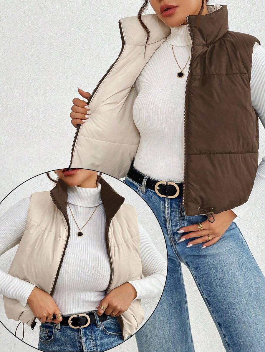 SHEIN Frenchy 女士纯色前拉链短款加垫背心,冬季 - 棕色 - 查看 1