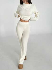 Flirla 2pcs Women Solid Color Knitted Sweater Top And Long Pants Set - Beige - View 5