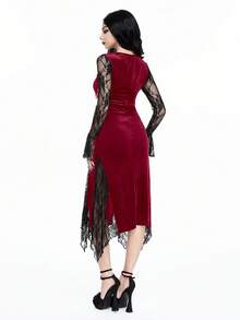 ROMWE Elegant Gothic Plunging Neck Contrast Lace Cross Pendant Dress With High Slit - Burgundy - View 5