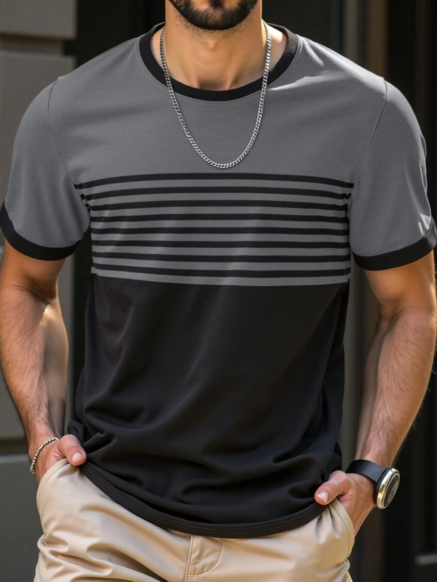 Manfinity Homme 男士条纹印花圆领短袖休闲 T 恤 - 彩色 - 查看 1