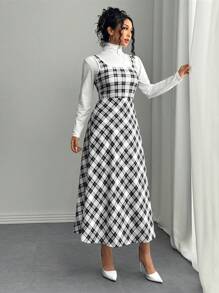 Elenzga Váy midi dệt kim co giãn không tay kẻ sọc đỏ Giáng sinh có eo dành cho nữ, đa năng cho trang phục Maxi mùa thu/đông dành cho nữ - Đen và trắng - Xem 4