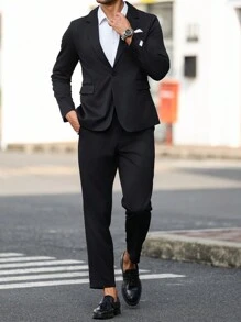 Manfinity Mode Men's Turndown Collar Long Sleeve Button Front Minimal Jacket And Pants Set, Casual Daily Wear - Black - View 1