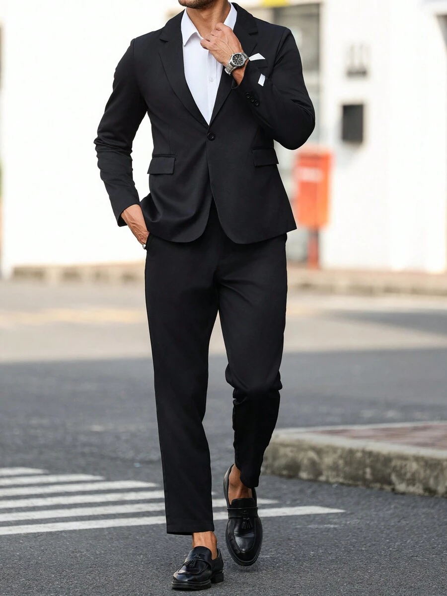 Manfinity Mode Men's Turndown Collar Long Sleeve Button Front Minimal Jacket And Pants Set, Casual Daily Wear - Black - View 1