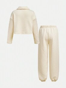 Tween-Mädchen 2-teiliges Set aus langärmligem Oberteil mit Steppkragen und passender Slim-Fit-Hose