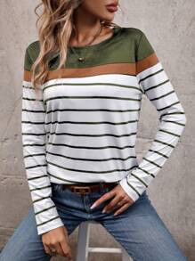 EMERY ROSE 女士休闲宽松条纹圆领长袖 T 恤，秋季图案 T 恤女式春季上衣