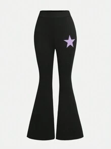 2pcs Set: Teenage Girls Sweet Y2K Style Pink Knitted V-Neck Ruffle Waist Long Sleeve Cropped Top, Stretchy Star Print Flare Pants - Multicolor - View 9