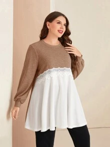 EMERY ROSE Plus Size Autumn Casual Contrast Color Lace Trim Sweatshirt - Camel - View 4