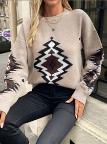 SHEIN LUNE 女士复古舒适多色几何图案长袖套头毛衣针织衫秋冬款 - 彩色 - 查看 4