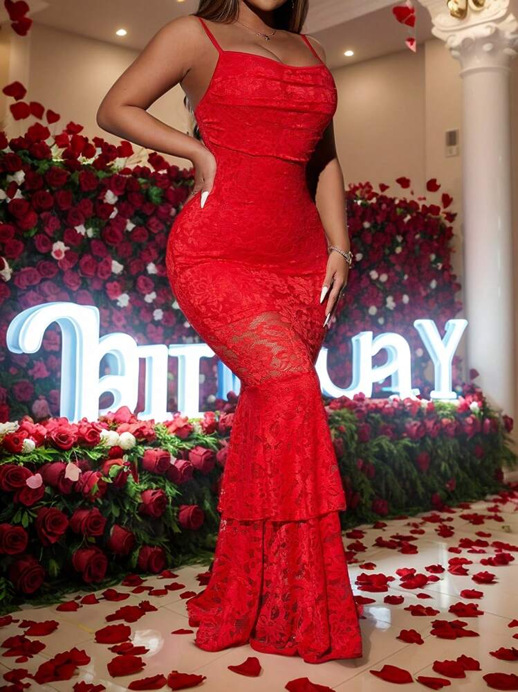 Slaydiva Red Summer Elegant Party Spaghetti Strap Mermaid Hem Dress For Women, Casual Vacation Beach Sundress,Versatile Cruise Travel Dinner Daily Wear - Red - View 8