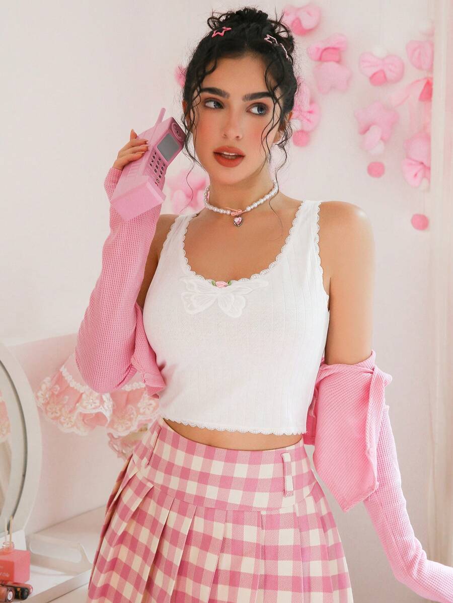 SHEIN Knitted Pattern, Comfortable, Jacquard Fabric, Bow Design Ladies Undershirt - Apricot - View 1