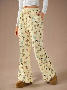 Forever 21 Winter New Arrival Funny Animal & Prosperity Print Elastic Waist Casual Knitted Pants, Versatile New Years Outfit Women Sweatshirts Pants Snow Women Outfits Fleece Tracksuit Funny Pants Snow Pants Dachshund - Multicolor - View 1