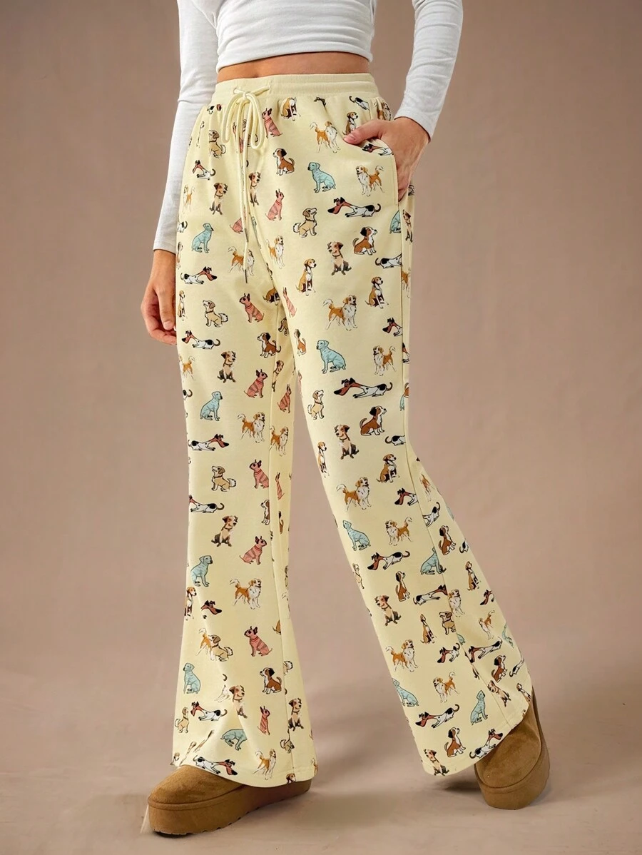 Forever 21 Winter New Arrival Funny Animal & Prosperity Print Elastic Waist Casual Knitted Pants, Versatile New Years Outfit Women Sweatshirts Pants Snow Women Outfits Fleece Tracksuit Funny Pants Snow Pants Dachshund - Multicolor - View 1