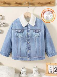 1 件年轻男孩休闲可爱日常舒适针织牛仔效果长袖领夹克，适合旅行、学校、聚会、秋冬季