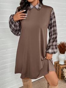 SHEIN LUNE Vestido casual holgado de talla grande para mujer con mangas farol, parches de cuadros y costilla recta, para uso en el otoño, fiesta de vacaciones o evento festivo