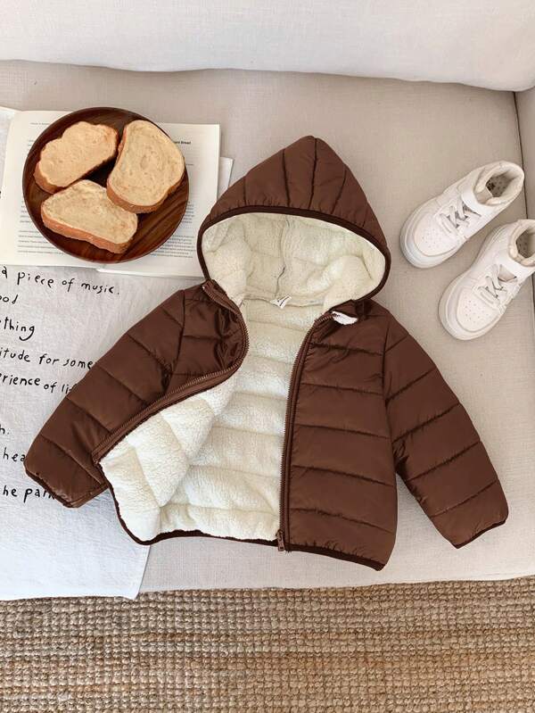Baby Boys Thermal Lined Hooded Zipper Jacket, Brown Winter Casual Warm All-Match Versatile Soft Comfortable Sporty Suitable For Outdoor Snow Play