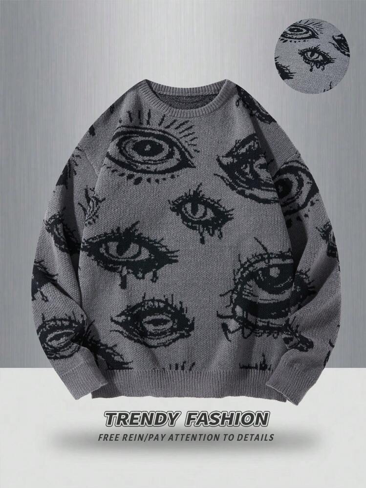 Manfinity Hypemode Maglione a girocollo a maniche lunghe con design a motivo occhi, vestibilità morbida, adatto per uomo, autunno/inverno