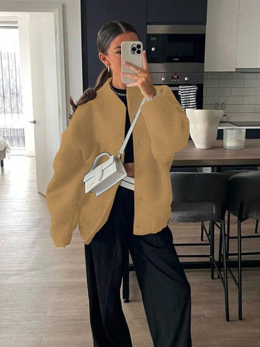 Chiquease Chaqueta casual de manga larga con botones en el frente, diseño sencillo para uso diario para mujeres - Camel - Ver 1