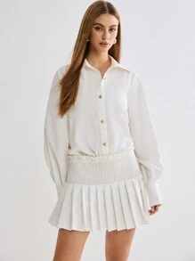 Enchnt Váy sơ mi mini xếp ly viền kim loại màu trắng lãng mạn mùa đông/xuân cho nữ, ngọt ngào, thanh lịch và sành điệu cho ngày lễ tình nhân, tiệc giáng sinh, năm mới, sinh nhật, trang phục ngày lễ, đêm hẹn hò ngọt ngào và đi làm hàng ngày - trắng - Xem 3