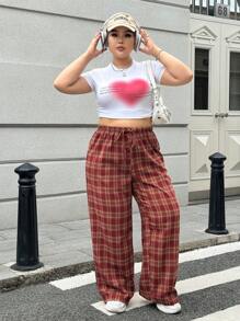 SHEIN EZwear 秋冬季大码棉质系带复古格纹裤 - 紅色 - 查看 4