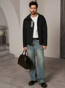 Manfinity ModaGents Chaqueta informal de manga larga y corte holgado para hombre, abrigo de invierno negro cálido con gráficos, ideal como regalo para amigos, esposo o novio