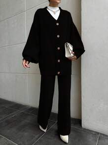 EURMUSE Women Drop Shoulder Button Front Cardigan And Sweater Pant 2 Piece Outfit Set Co-Ords - Black - View 3