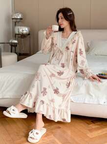 DAZY Camisón holgado con estampado de oso dulce y volantes de contraste, para otoño e invierno