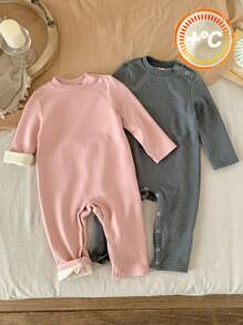 SHEIN 2 Peças Conjunto de Macacão de Manga Longa Elástico Sólido Fofo para Recém-Nascido Menina, Outono/Inverno - Multicolorido - Visão 1