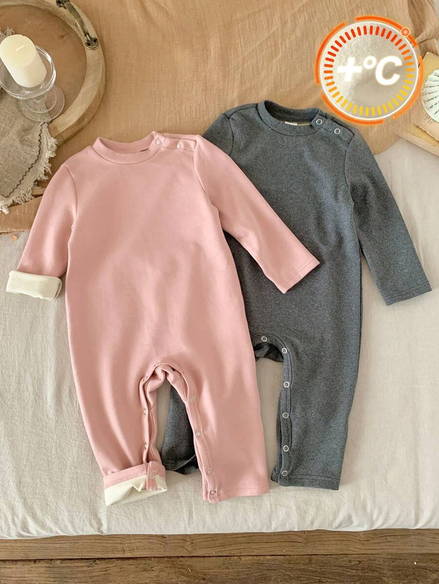 SHEIN 2 Peças Conjunto de Macacão de Manga Longa Elástico Sólido Fofo para Recém-Nascido Menina, Outono/Inverno - Multicolorido - Visão 1