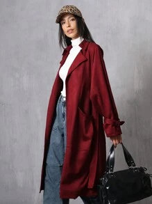 Chiquease Áo khoác dài tay hở lưng giả da lộn màu đỏ rượu vang thời trang cho tiệc ngày lễ - Đỏ - Xem 4