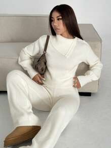 Flirla 2pcs Women Solid Color Knitted Sweater Top And Long Pants Set - Beige - View 3