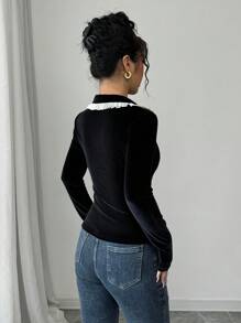 Elenzga Women's Long Sleeve T-Shirt With Casual Elegant Velvet Glossy Fabric & Chiffon Ruffle Trim Elements Graphic Tees Women Tops For Spring