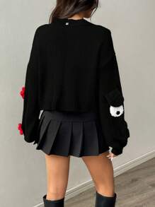 SHEIN Unity Cute Bear Flower Pattern Women Sweater Cardigan - Black - View 2