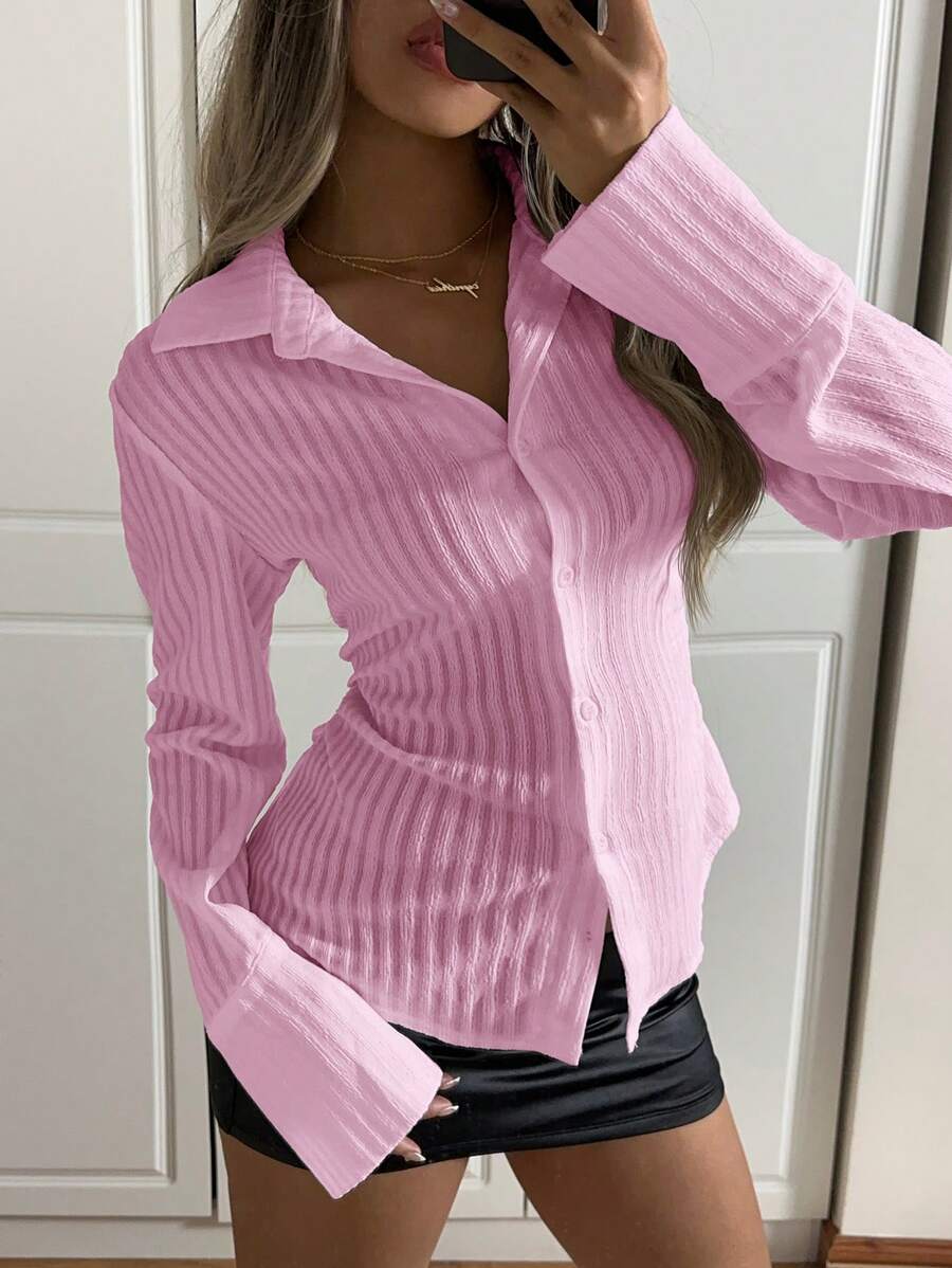 SHEIN EZwear 大码粉色条纹长袖纽扣合身腰部轻便衬衫，春季
