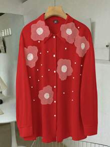 SHEIN Unity Plus Size Autumn Casual Red Blouse With 3D Floral Stud Decoration Women Shirt - Burgundy - View 1