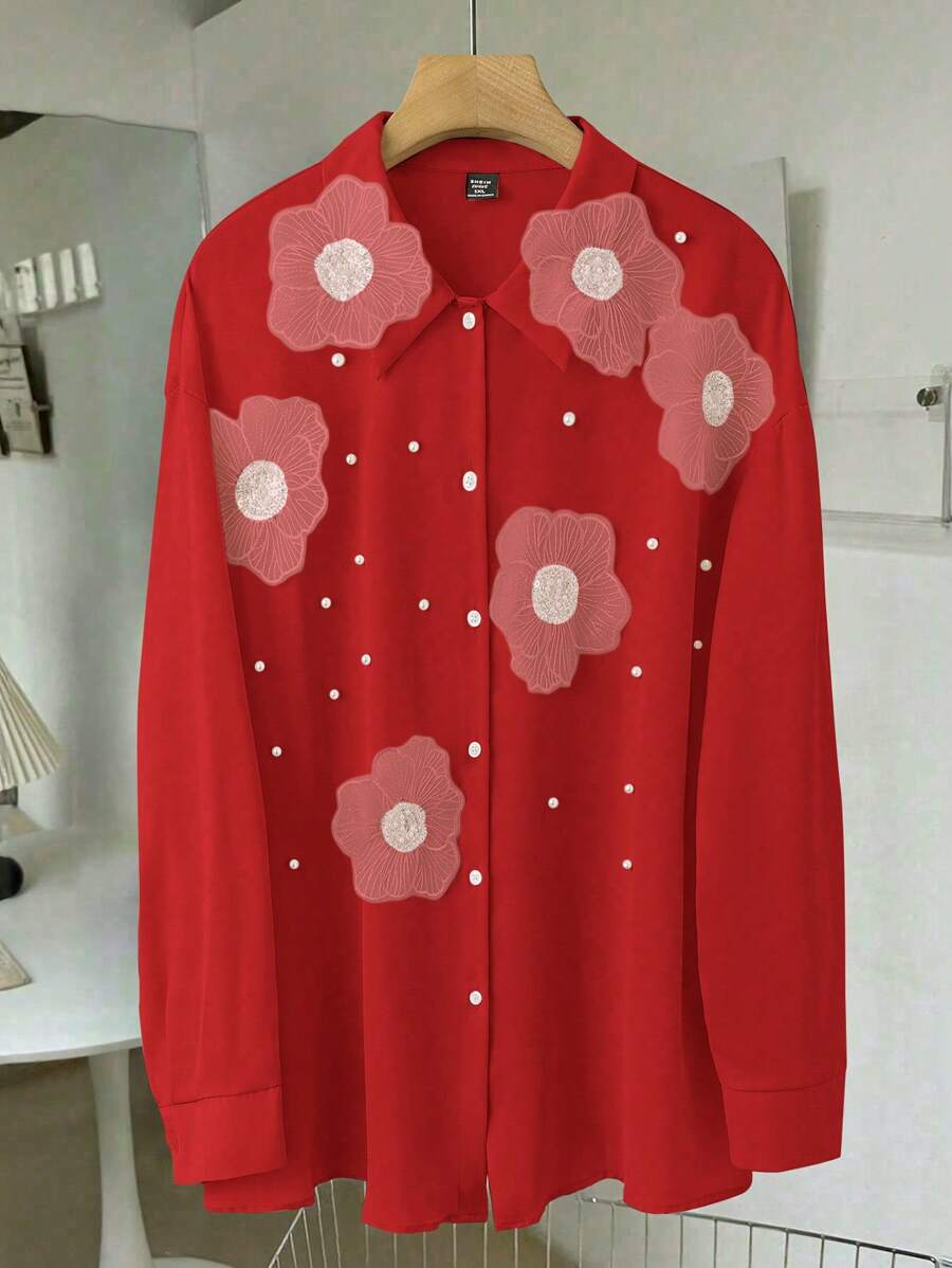 SHEIN Unity Plus Size Autumn Casual Red Blouse With 3D Floral Stud Decoration Women Shirt - Burgundy - View 1