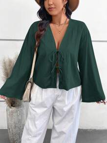 SHEIN VCAY Áo cánh tay dài dáng rộng dệt màu trơn cỡ lớn cho nữ thời trang thu đông mới về - Màu xanh lá cây đậm - Xem 1