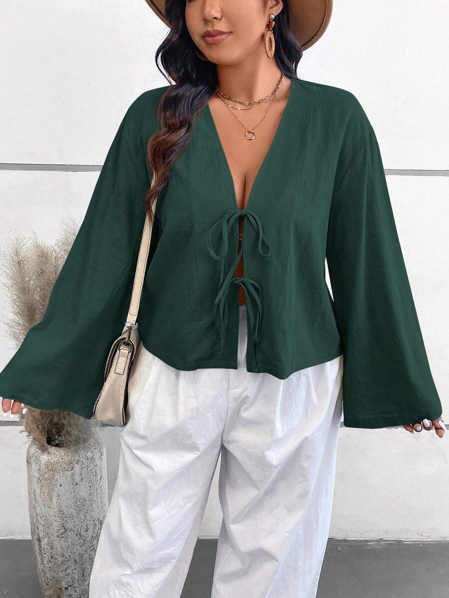 SHEIN VCAY Áo cánh tay dài dáng rộng dệt màu trơn cỡ lớn cho nữ thời trang thu đông mới về - Màu xanh lá cây đậm - Xem 1