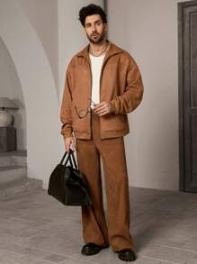 Manfinity VCAY 男士梭织休闲宽松弹力腰直筒裤，时尚日常穿着，圣诞节必备 - 棕色 - 查看 3