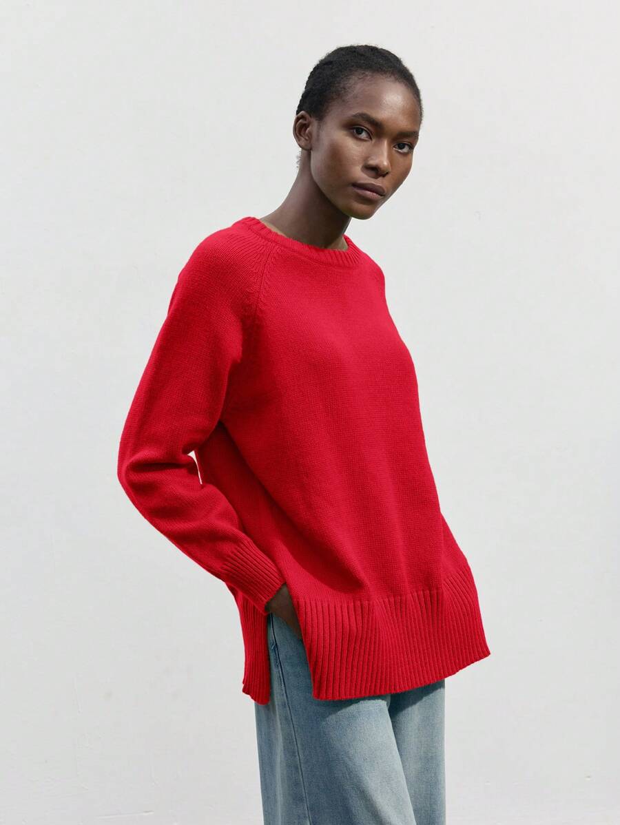 Maija 女式纯色圆领休闲套头毛衣，侧开衩下摆，秋冬 - 紅色 - 查看 1
