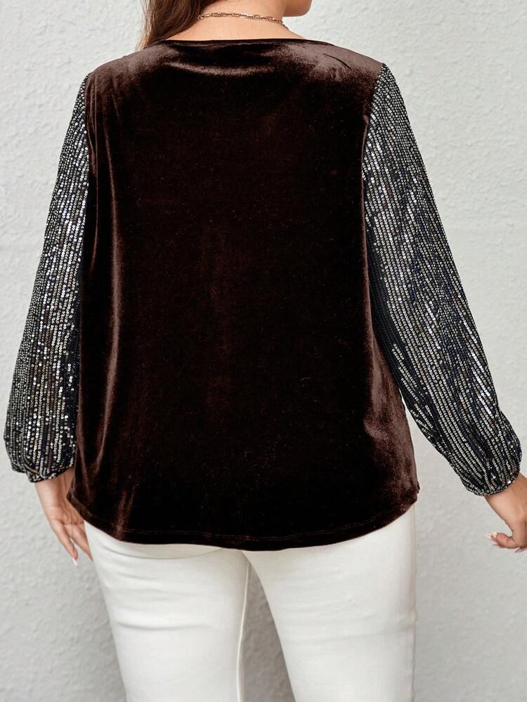 Plus Size Women Patchwork Sequin V Neck Lantern Sleeve Elegant T-Shirt, New Year