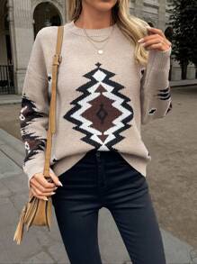 SHEIN LUNE 女士复古舒适多色几何图案长袖套头毛衣针织衫秋冬款 - 彩色 - 查看 1
