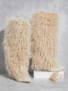 SHUZIA Women Fashion Daily Versatile Pointed Toe Skinny Heel Warm Comfortable Mid-Calf Boots Summer Shoes Spring Shoes Spring Break Easter - Beige - View 4